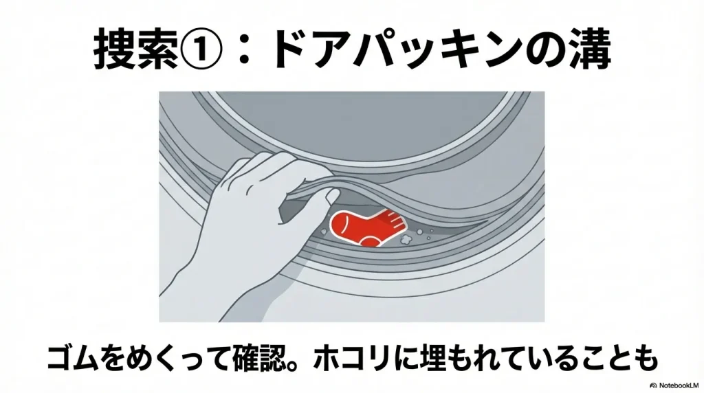 ドラム式洗濯機のドアパッキンを指でめくって靴下を探す様子