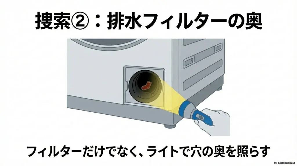 懐中電灯で排水フィルターの奥を照らして詰まった靴下を確認するイラスト