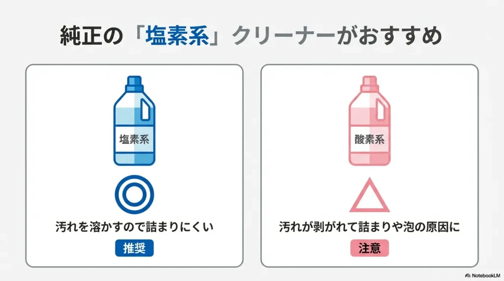 汚れを溶かすため詰まりにくい塩素系（推奨）と、汚れが剥がれて詰まりの原因になりやすい酸素系の違いを比較したスライド