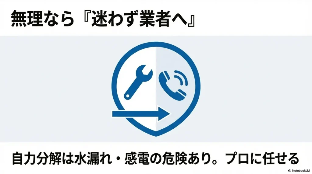 レンチと電話のアイコン。自力での分解を避けてプロに依頼することを促す図