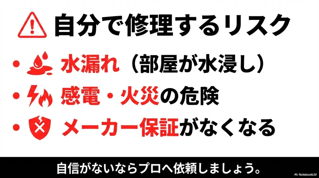 洗濯機のDIY修理における水漏れ、感電・火災、メーカー保証の消失といったリスクについての警告