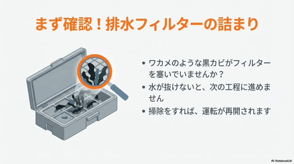 剥がれ落ちたワカメのような黒カビが排水フィルターを塞ぐと、水が抜けず工程が進まないため掃除が必要であることを示すイラストスライド