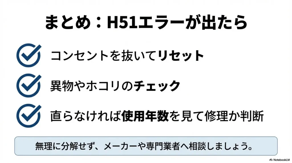 リセットの実行、異物チェック、使用年数による修理判断など、H51エラー発生時のステップまとめ。