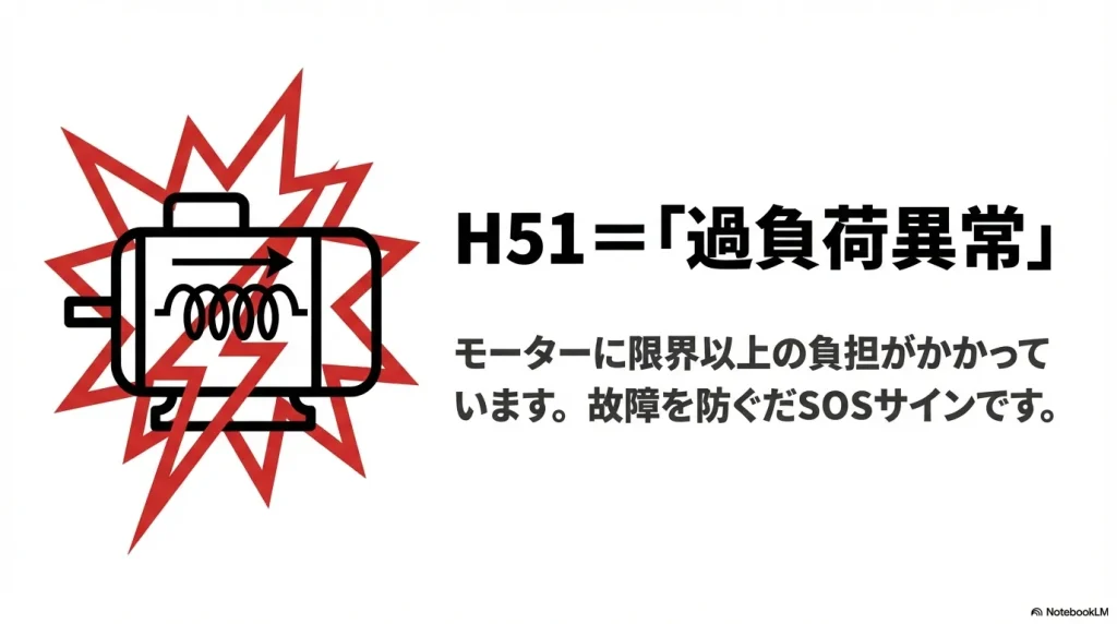 モーターに限界以上の負担がかかっている「過負荷異常」を示すSOSサインの図解
