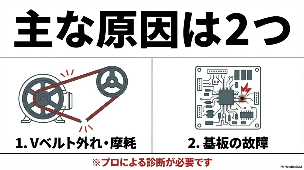 H57エラーの主な原因がVベルトの摩耗・脱落、または基板の故障であることを示すイラスト