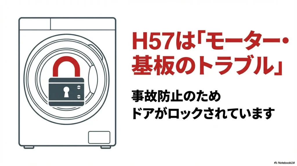 H57はモーター・基板のトラブルであり、事故防止のためドアがロックされていることを説明する図解