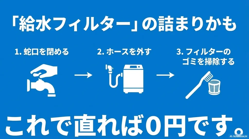 蛇口を閉める、ホースを外す、フィルターのゴミを掃除するという給水フィルター清掃の手順解説