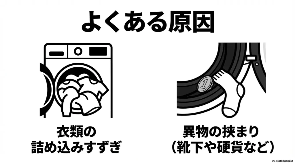 洗濯物の詰め込みすぎや、靴下・硬貨などの異物がドラムに挟まった状態のイラスト