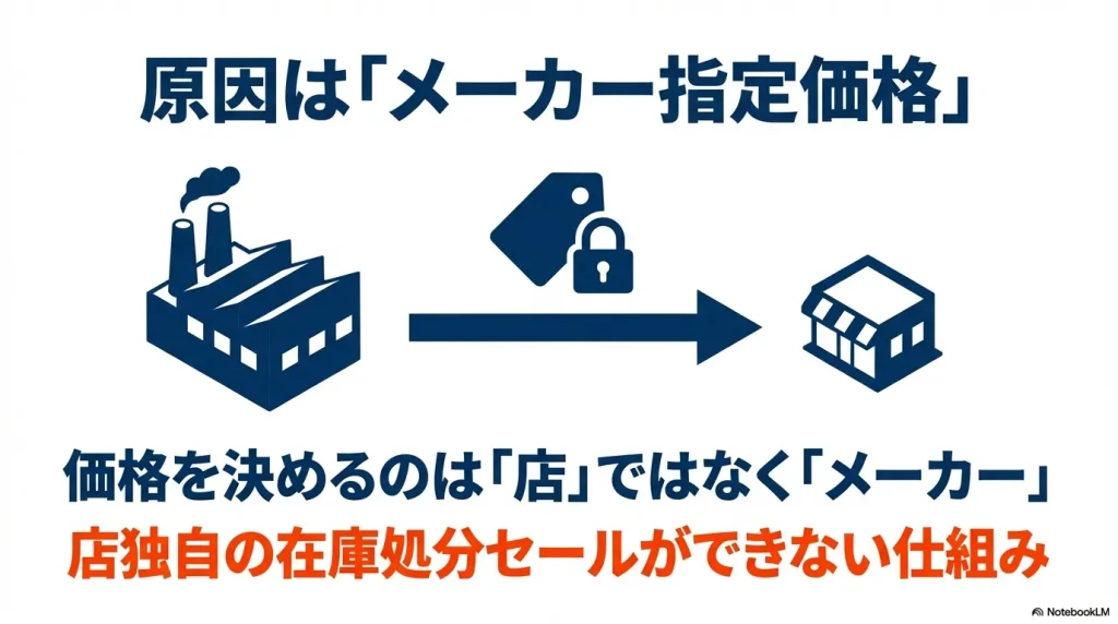 工場と鍵のかかった値札のアイコン。価格を決めるのは店ではなくメーカーであることを示す図解