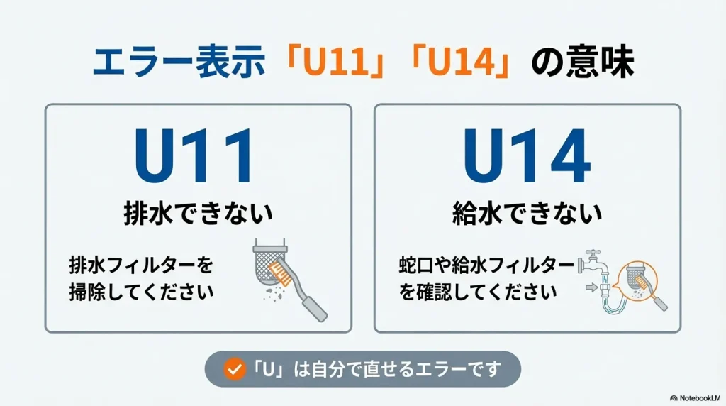 排水できないU11エラーと給水できないU14エラーの内容と、それぞれフィルター掃除や蛇口確認で解決できることを示すスライド