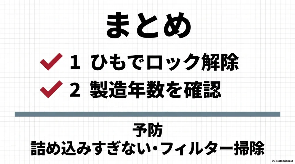 ひもでのロック解除、製造年数の確認、詰め込みすぎない等の予防策をまとめたスライド