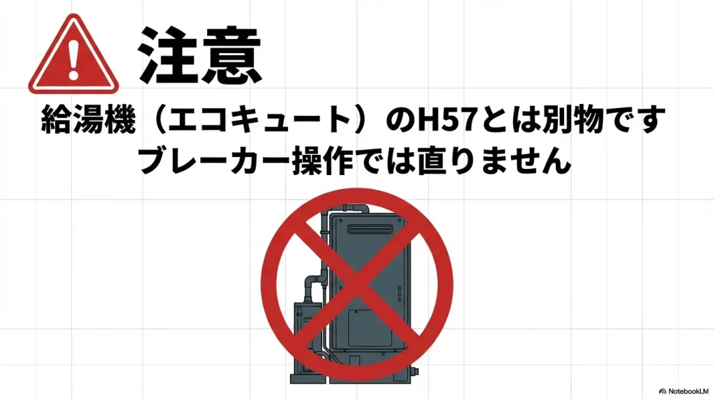 洗濯機のH57はエコキュートの同エラーとは別物であり、ブレーカー操作では直らないことを示す注意喚起