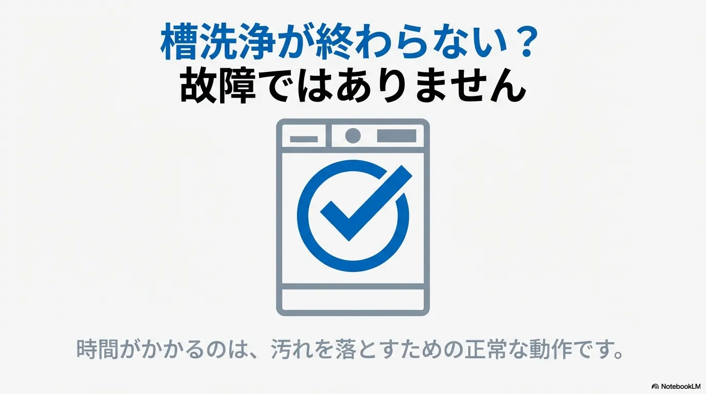 パナソニックの洗濯機で槽洗浄が終わらないのは故障ではなく汚れを落とす正常な動作であることを伝えるスライド