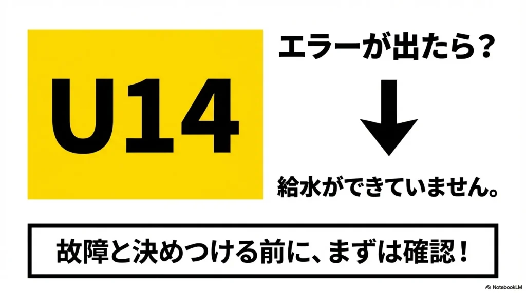 パナソニックの洗濯機で「給水ができていない」ことを示すU14エラーが表示された際の確認を促すスライド