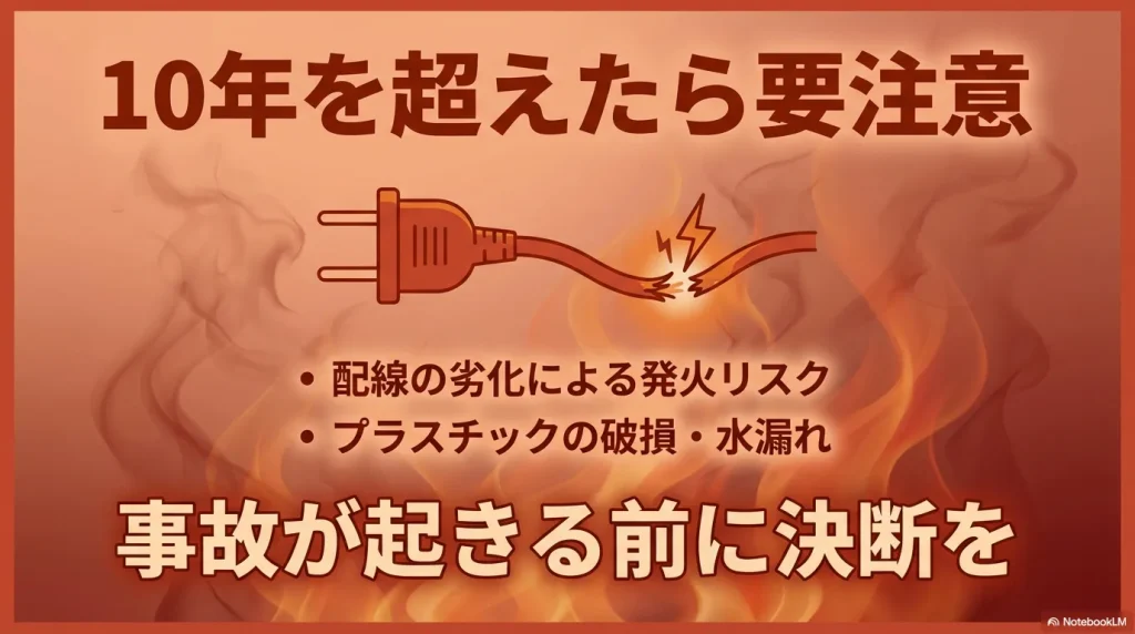 配線の劣化による発火リスクやプラスチック破損、水漏れなど、10年を超えた際のリスクを警告する画像