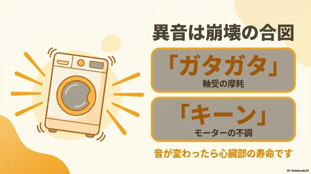 ガタガタ（軸受の摩耗）やキーン（モーター不調）など、寿命を知らせる異音の例を解説する画像
