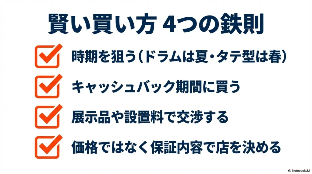 時期・キャンペーン・展示品・保証の4つのポイントをまとめたチェックリスト形式のスライド