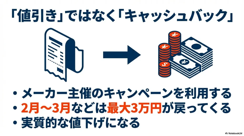 レシートとお金のイラスト。メーカー主催のキャンペーンで最大3万円還元される仕組みの解説