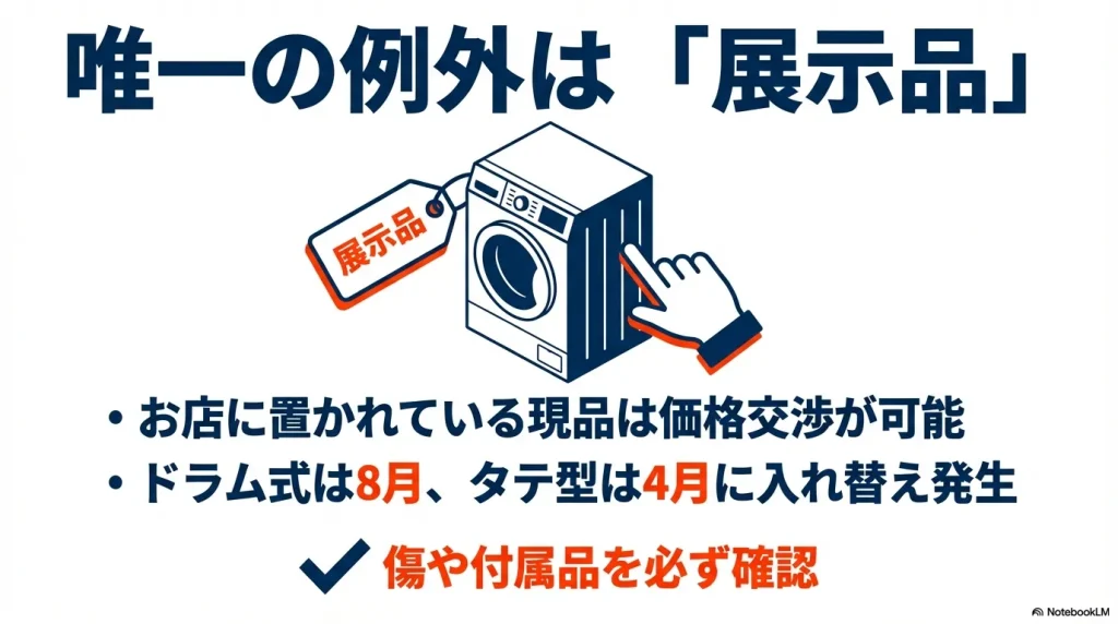 「展示品」と書かれた値札の洗濯機。現品に限り価格交渉が可能であ