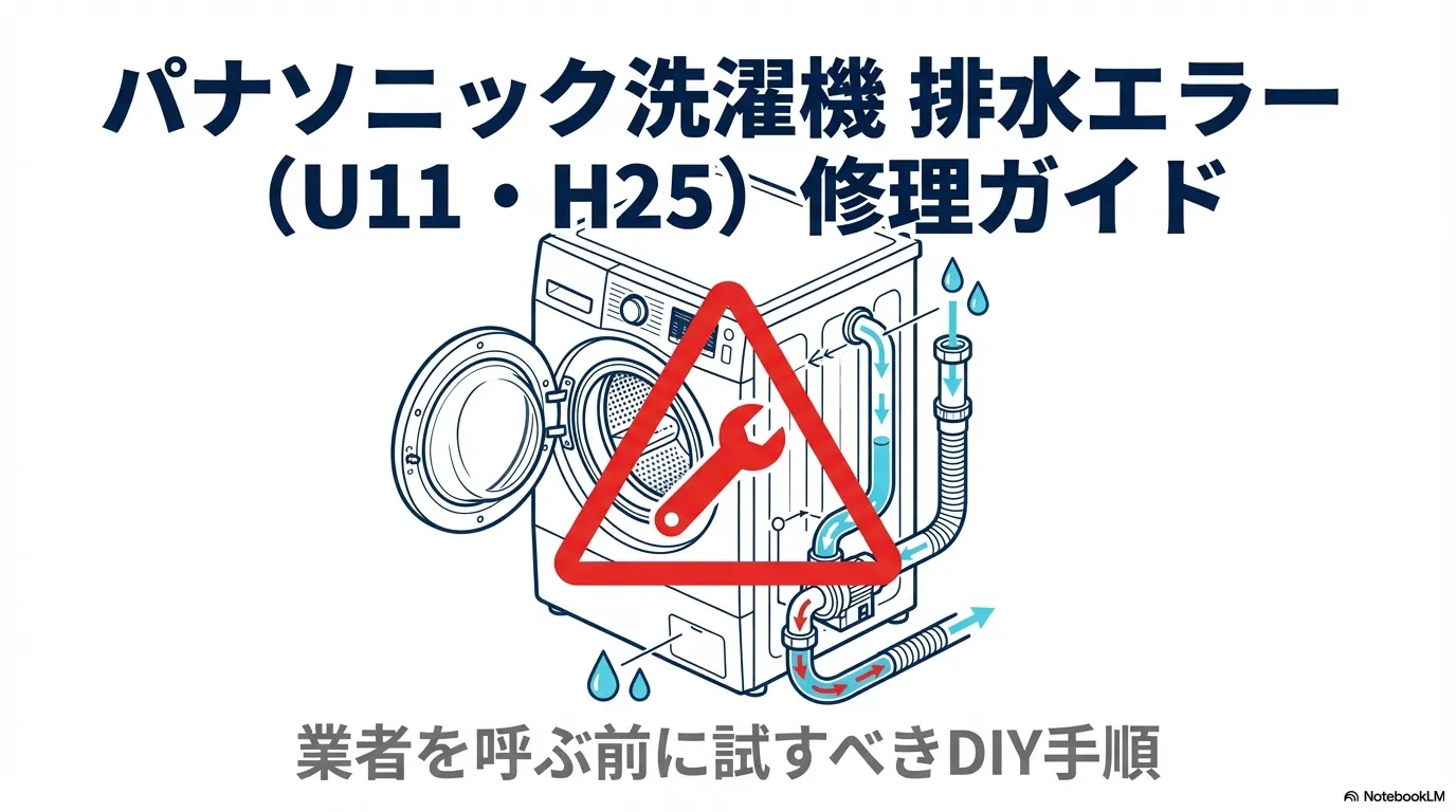 パナソニック洗濯機の排水エラー（U11・H25）の修理DIY手順を解説するイラスト付きタイトル。