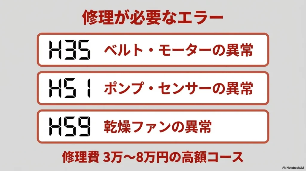 H35（ベルト・モーター）、H51（ポンプ・センサー）、H59（乾燥ファン）など、修理費が3万〜8万円かかるエラーの解説