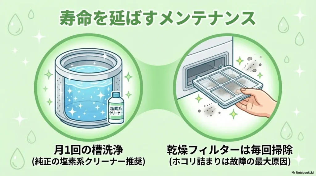 純正の塩素系クリーナーによる月1回の槽洗浄と、乾燥フィルターの毎回掃除を推奨するイラスト