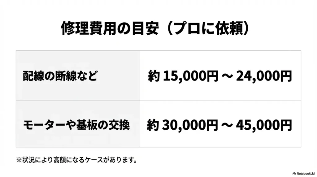 配線断線の修理(約15,000円〜24,000円)やモーター交換(約30,000円〜45,000円)の費用目安表。