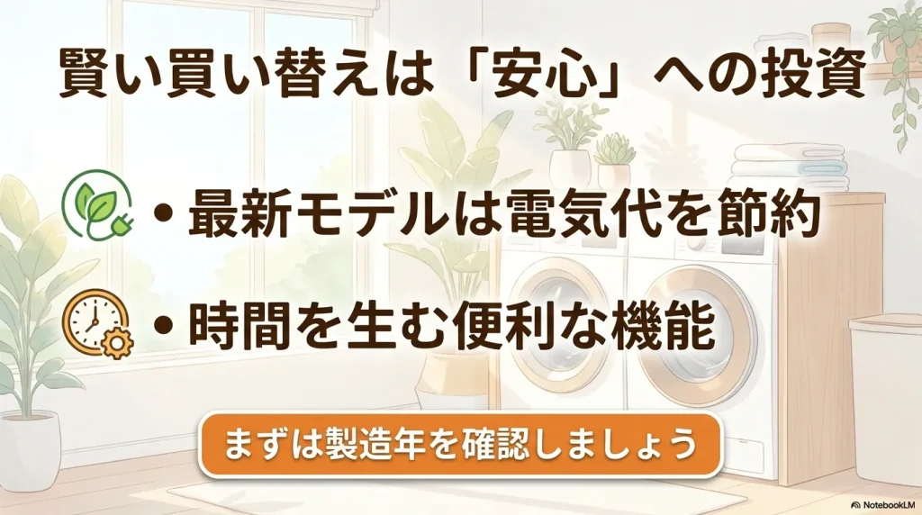 最新モデルは電気代節約や時短に繋がり、安心への投資になることを伝えるまとめ画像