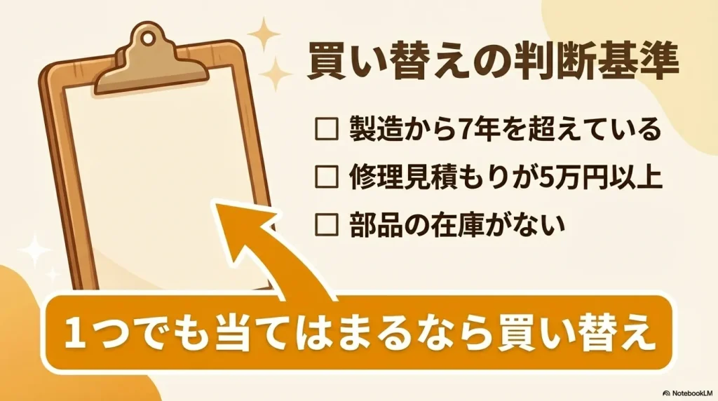 製造から7年超、修理見積もり5万円以上、部品在庫なしのいずれかに該当する場合の買い替え推奨基準