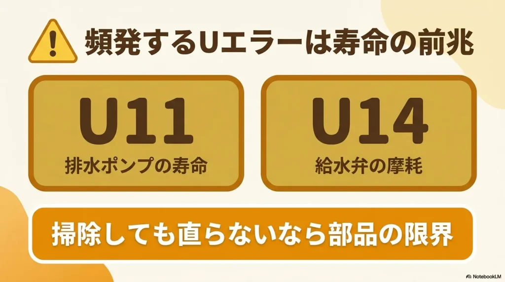 排水ポンプ寿命のU11、給水弁摩耗のU14など、掃除しても直らない場合は部品の限界であることを示す画像