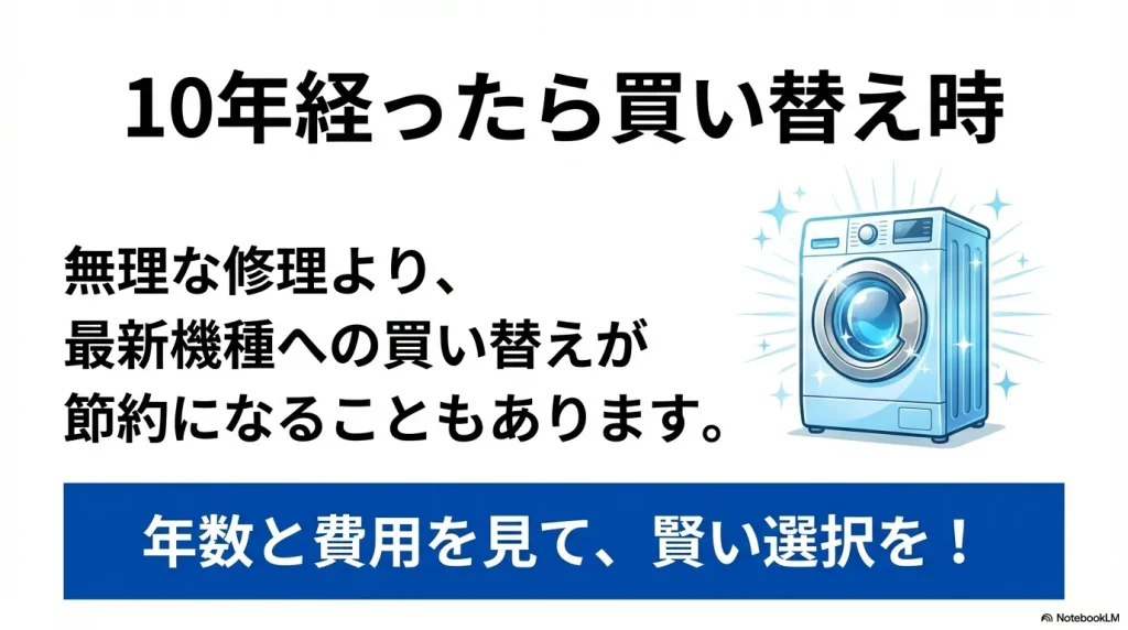 10年経過した洗濯機は、無理な修理より節水・節電性能の高い最新機種へ買い替えるのが賢い選択であるというまとめ