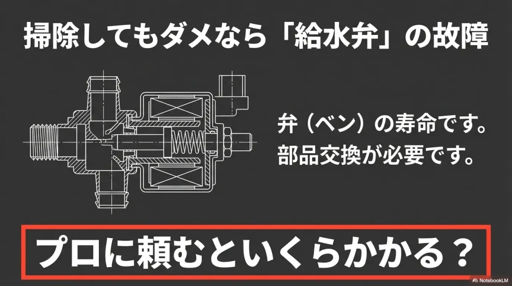 掃除をしても直らない場合に交換が必要となる、洗濯機内部の給水弁ユニットの構造イメージ図