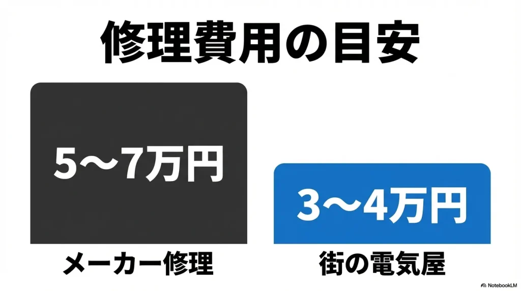 メーカー修理（5〜7万円）と街の電気屋さん（3〜4万円）の修理代比較
