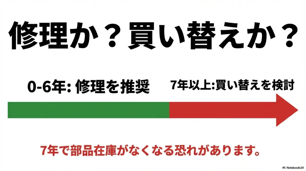 0〜6年は修理推奨、部品在庫がなくなる恐れがある7年以上は買い替え検討という基準
