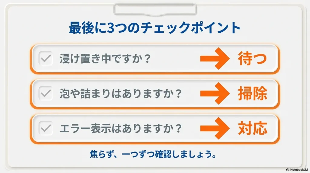 浸け置き中か、泡や詰まりはないか、エラー表示はないかの3点を焦らず確認することを促すまとめのスライド