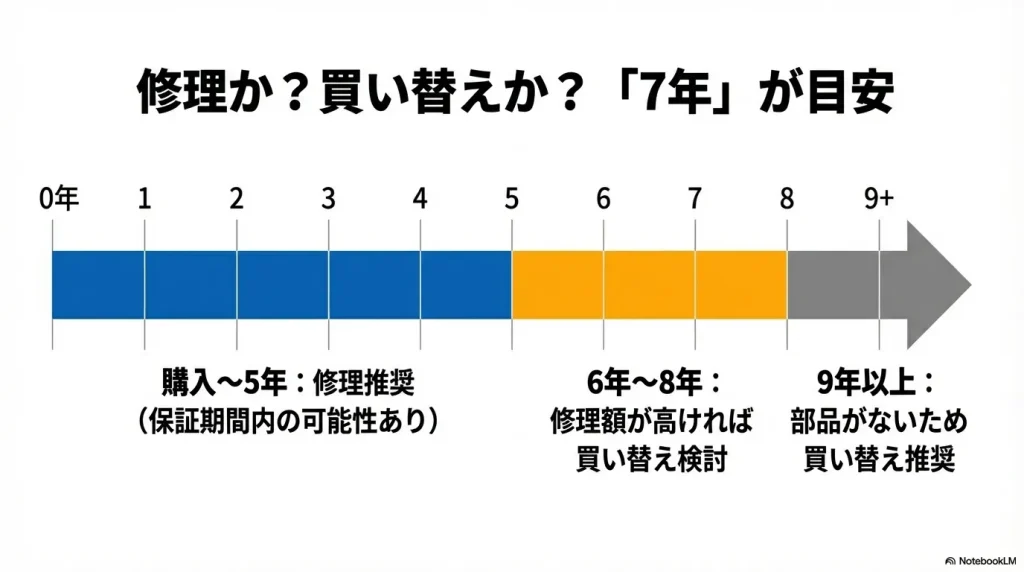 購入から5年までは修理推奨、6〜8年は買い替え検討、9年以上は買い替え推奨を示すタイムライン図。