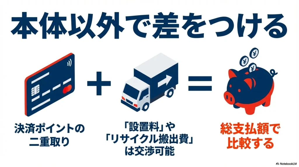 クレジットカード決済や、設置料・リサイクル搬出費の交渉など、総支払額で比較することを促す図解