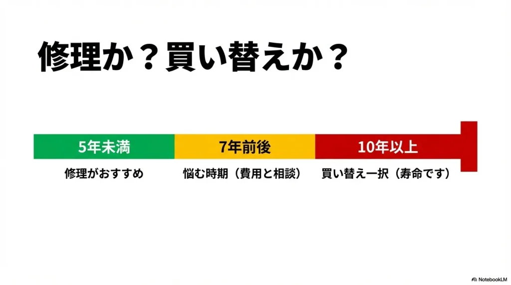 5年未満は修理、7年前後は検討、10年以上は買い替えを推奨する年数別の判断基準表