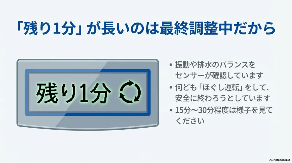 残り1分表示が長いのは、センサーが振動や排水を確認し「ほぐし運転」などで安全に終わろうとしている調整中であることを説明するスライド
