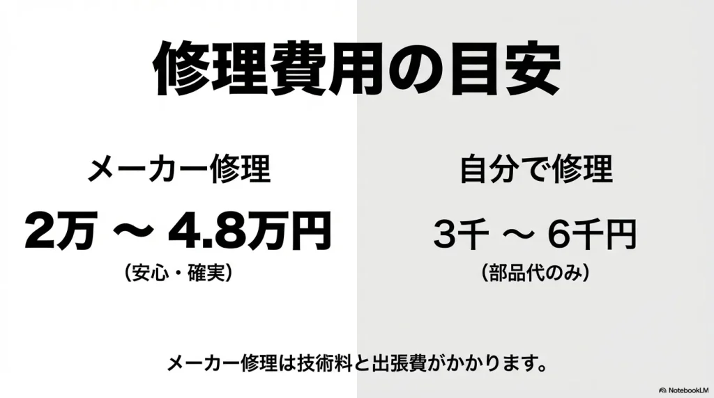パナソニックのメーカー修理費用（2万〜4.8万円）と、自分で修理する場合の部品代（3千〜6千円）を比較した図