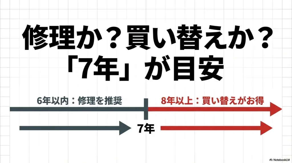 6年以内は修理推奨、8年以上は買い替えがお得という「7年」を基準にした判断基準の図解