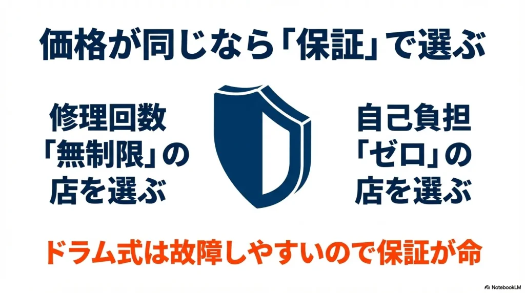 盾のアイコンと、修理回数無制限・自己負担ゼロの店を選ぶべきという保証の重要性の解説