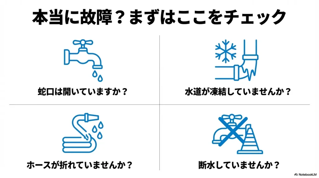 蛇口の開放、水道の凍結、ホースの折れ、断水の有無など、故障を疑う前にチェックすべき項目のイラスト