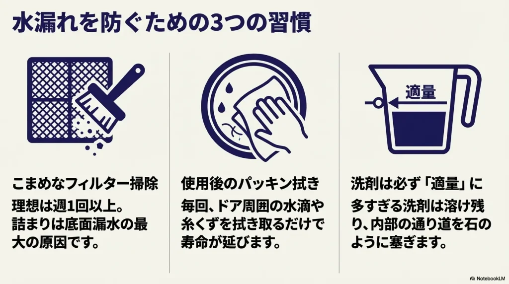 フィルターのこまめな掃除、使用後の窓パッキン拭き取り、洗剤の適量使用という3つの予防策