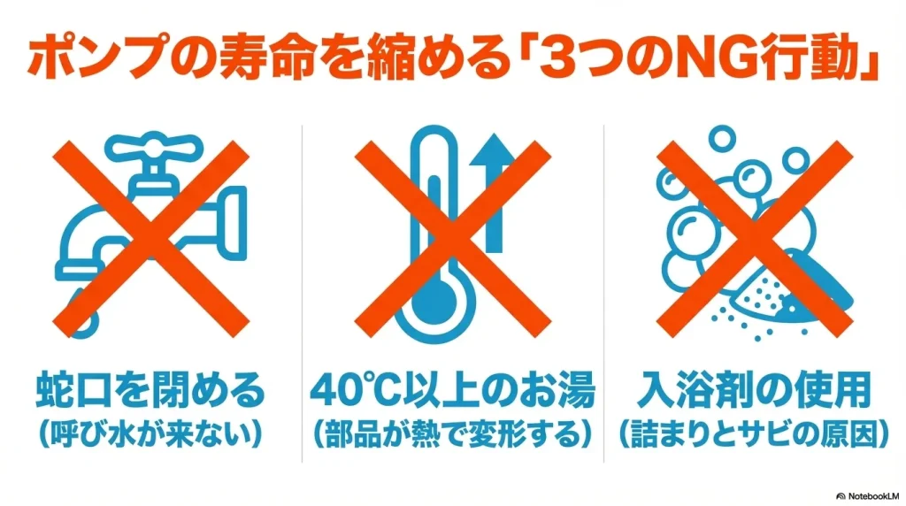 ポンプの寿命を縮める3つのNG行動(蛇口を閉める、40度以上のお湯、入浴剤の使用)