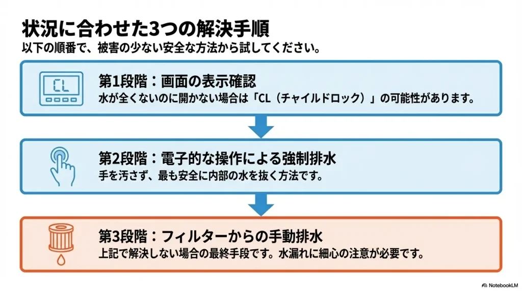 画面の表示確認、電子的な強制排水、フィルターからの手動排水の3つの解決ステップ概要