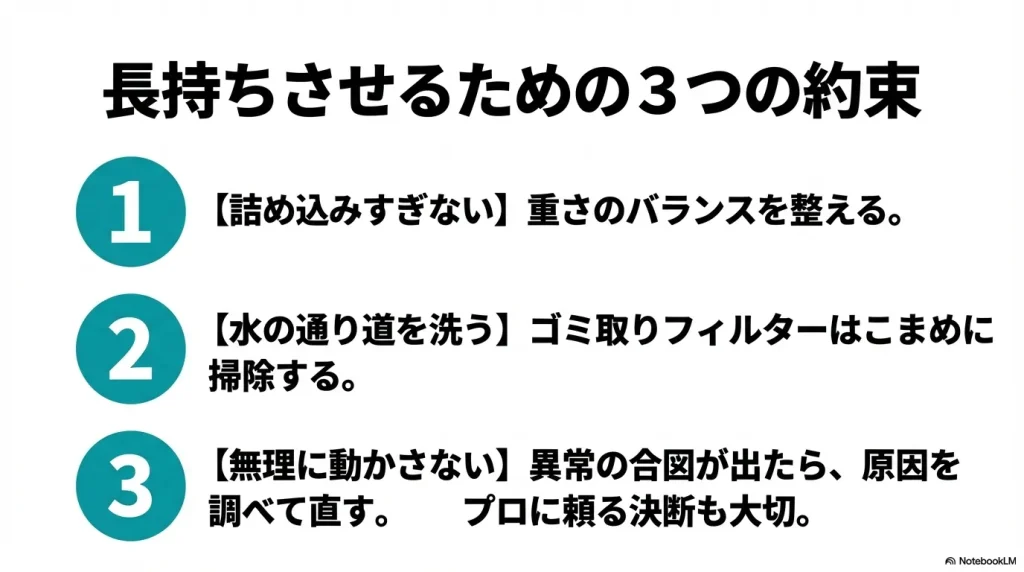 洗濯機を長持ちさせるため、詰め込みすぎない、水の通り道を洗う、無理に動かさないという3つの約束をまとめたスライド