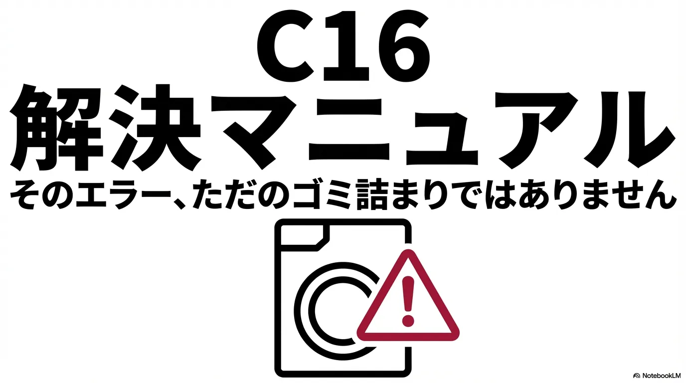 洗濯機のアイコンと警告マークのイラスト。「C16 解決マニュアル」、「そのエラー、ただのゴミ詰まりではありません」というテキストを含む表紙スライド。