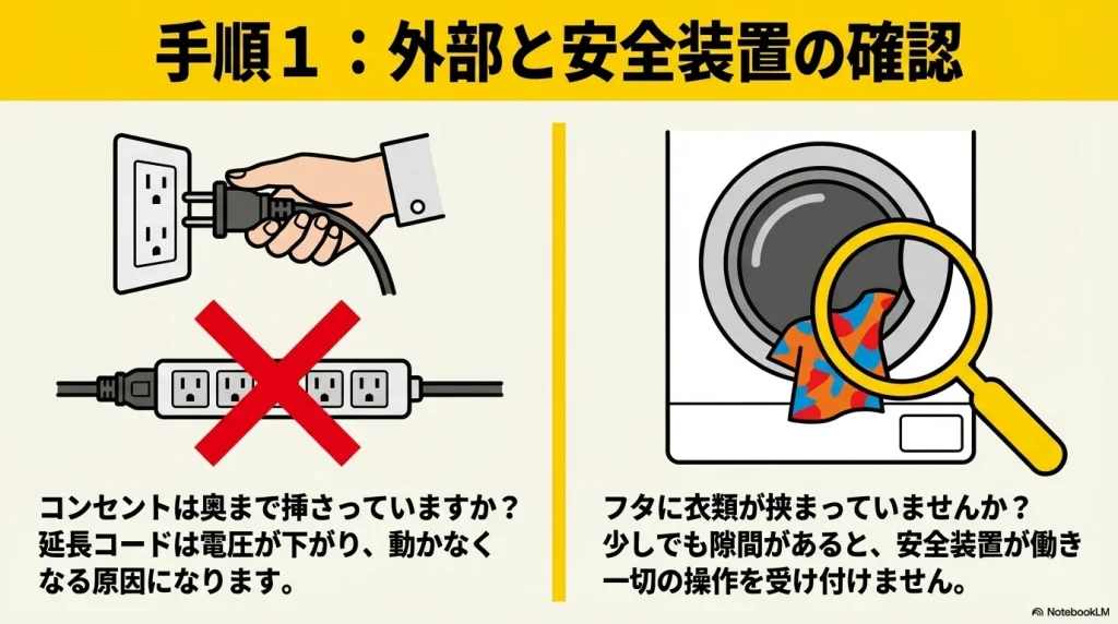 コンセントの挿し込みやフタの挟まりについて言及しているため 、具体的な確認作業に入る前の図解として配置するとスムーズです。