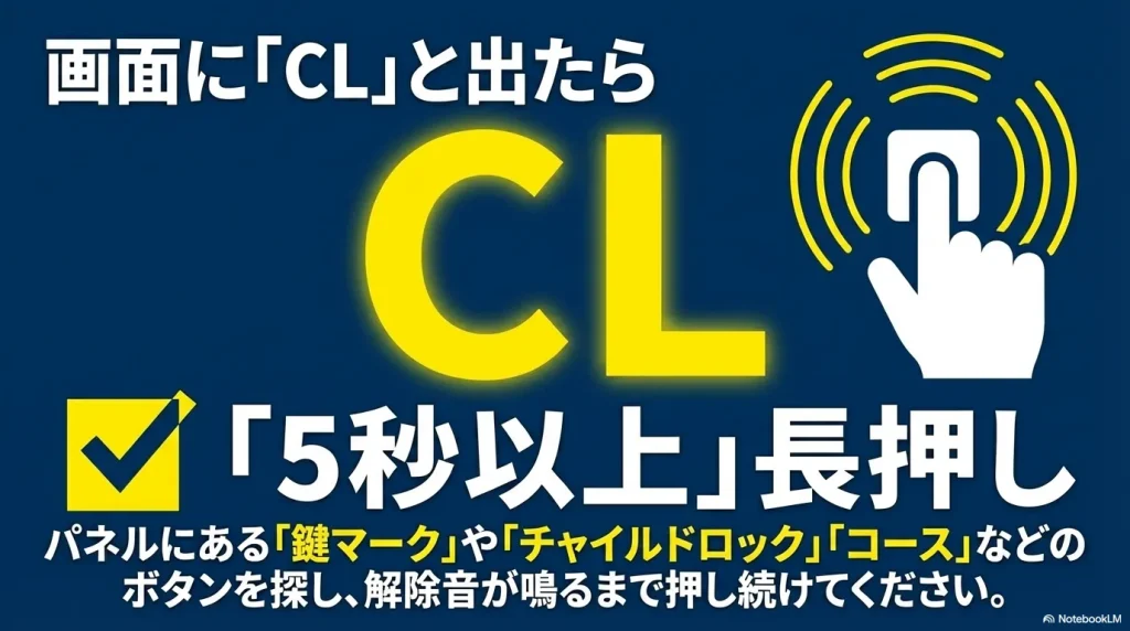 画面にCLと出た際、鍵マークなどのボタンを5秒以上長押ししてチャイルドロックを解除する手順を示すイラスト。